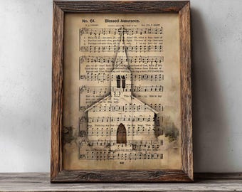 Könnte beinhalten: Ein gerahmtes Kunstwerk mit einer alten Notenblattseite mit dem Titel Blessed Assurance No. 61. Ein dreidimensionaler Papierschnitt eines Kirchengebäudes mit Kirchturm und Bogentür ist über die Noten und den Text gelegt.