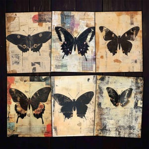Fogli di carta e collage di farfalle con tecniche miste stampabili per diario spazzatura, tecniche miste, diario d'arte, lavori di carta, download di kit digitali