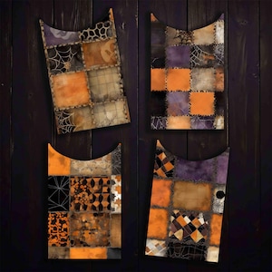 May include: Four Halloween-themed decorative panels with a patchwork design. Each panel features a unique arrangement of orange, purple, and brown squares with spiderwebs, bats, and other spooky motifs. The panels have a curved top edge.