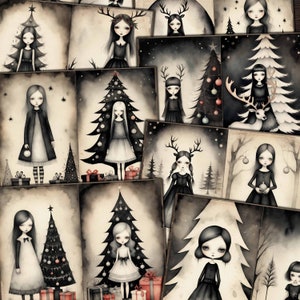 Ragazze di Natale gotiche Pagine stampabili per diari spazzatura, Scrapbook, Cartoline, Album, Collage multimediale misto, Artigianato con la carta, Kit di download digitale