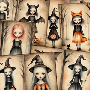 Lindo kit de diario basura de muñecas de Halloween, páginas de diarios dobles imprimibles, truco o trato de murciélago de gato brujo, descarga digital, efímera vintage