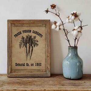 Puede incluir: Una impresión de estilo vintage en un marco de madera con el texto "Fresh Picked Carrots Cottontail Co. est 1902" y una ilustración en blanco y negro de tres zanahorias.