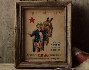 Vintage Uncle Sam and Horse Print, American 4th of July Patriotic Decor (Digital Download)