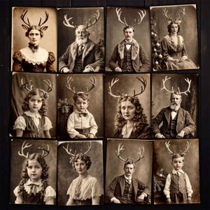 Rendiermensen kerst afdrukbare ATC antieke vintage foto's voor ongewenste tijdschriften, Mixed media collage, Papierkunst, Digitale kit jpg