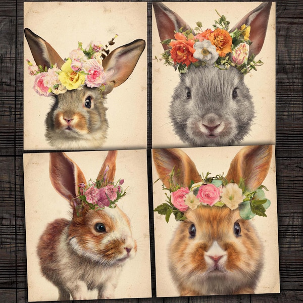 Bunny Rabbits with Flower Crowns, Printable pages for Easter Junk journals, cardmaking, DIY Cards, Scrapbooks, Paper crafts, digital