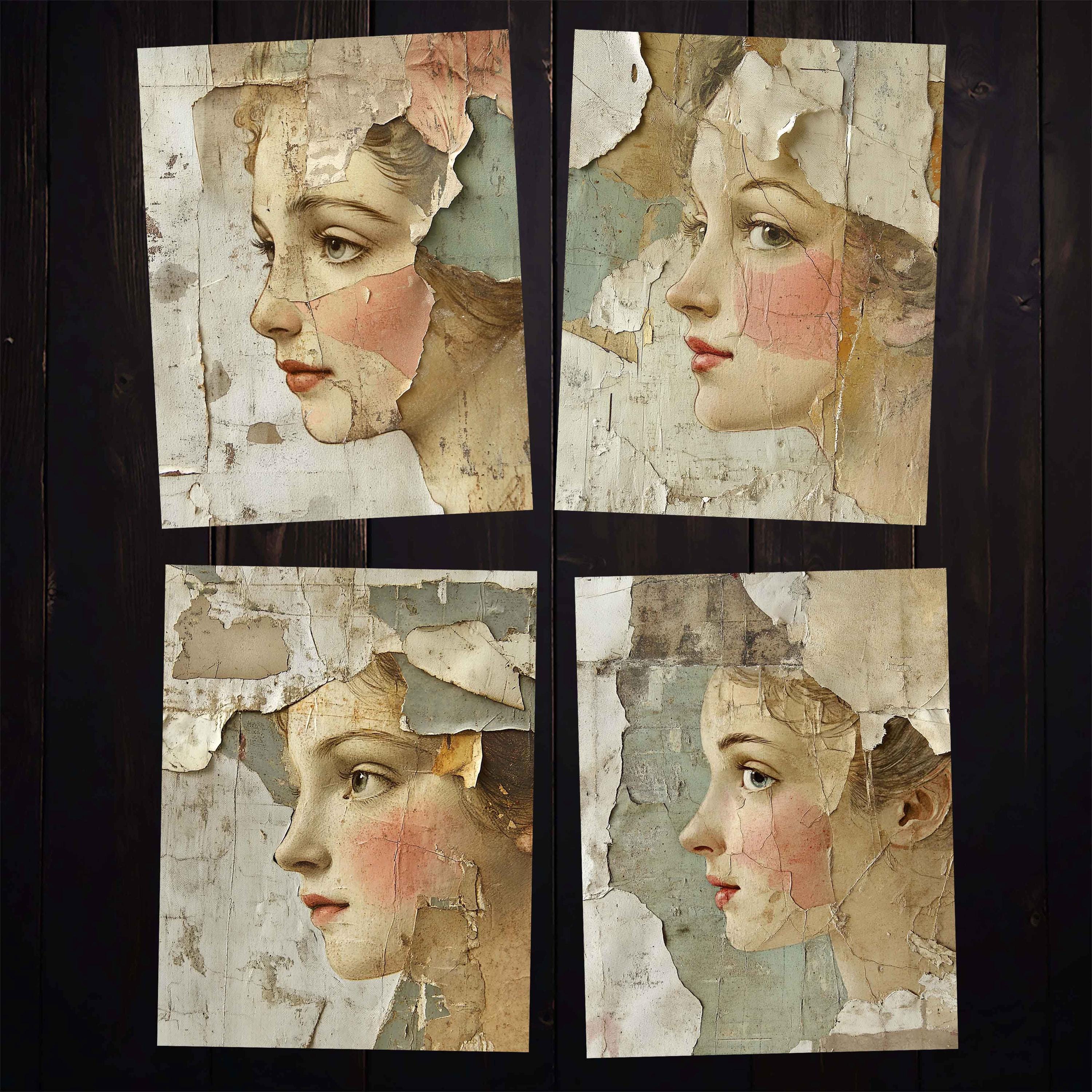 印刷可能な抽象的な顔のコラージュシート：ミックスメディアジャンク