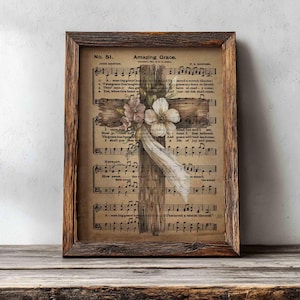 Amazing Grace Hymn, Vintage Cross Print, Christian Decor (Digital Download)