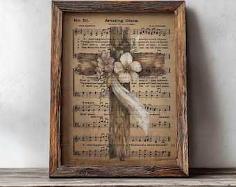 Amazing Grace Hymne, Vintage-Kreuzdruck, christliche Dekoration (Digitaler Download)