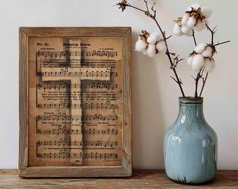 Amazing Grace Hymn Sheet Music Art Print, Vintage Cross (Digital Download