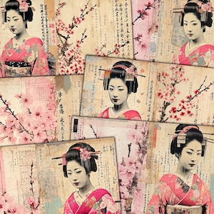 Páginas imprimibles de diario basura de fantasía japonesa, geisha rosa y flores de cerezo, kit digital