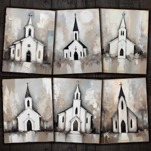Country Church Printable Papers Grunge Technique mixte Art folklorique pour journaux indésirables, décoration de ferme, créations artisanales en papier et foi chrétienne