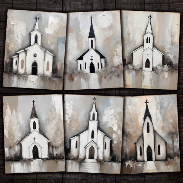 Country Church Printable Papers Grunge Mixed Media Folk art for Junk Journals, Farmhouse Decor, Paper crafts, Christian faith