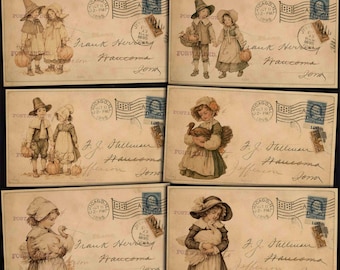 Pilgrims and Turkeys Antique Postcards, Printable Ephemera for Thanksgiving crafts (Digital download)