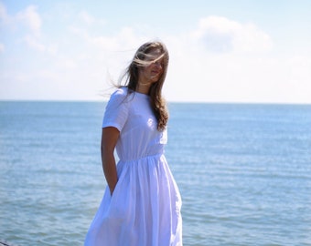 Casual white linen dress with pockets, Loose linen dress, White linen dress, Casual summer dress