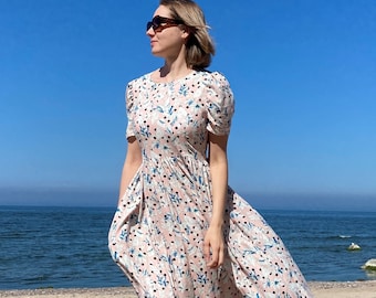 Empire- Taillenkleid, Viskose Sommerkleid, Hängerkleid Frauen, Puffärmel Midikleid, Boho Blumenkleid, Romantisches Sommerkleid