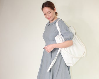 Linen tote bag with pockets, Waxed linen bag, Linen shoulder strap bag