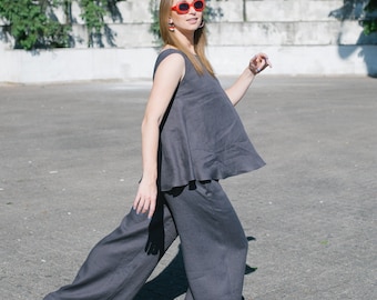 Wide leg linen pants with pockets, Linen palazzo pants, Linen wide leg trousers