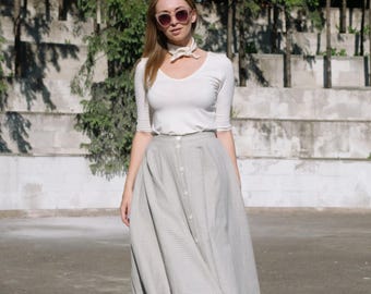 Eleganter Midirock mit hoher Taille im Retro-Stil, Tellerrock mit Taschen, langer Leinenrock mit Knöpfen