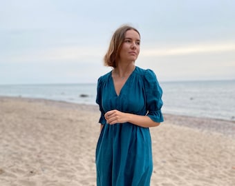 Linen midi dress, Puff sleeve dress, Empire waist dress, High waist dress, Beach party dress