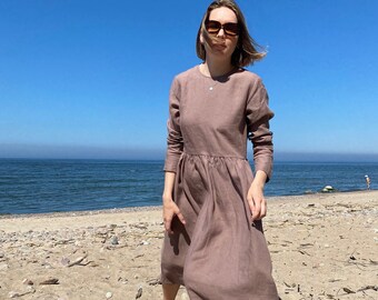 Long sleeve smock dress, Comfortable linen dress, Timeless summer dress, Capsule wardrobe dress