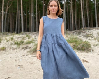 Lockeres Leinenkleid, Maxi-Smock-Kleid mit Taschen, Slow-Fashion, High-Waist-Kleid