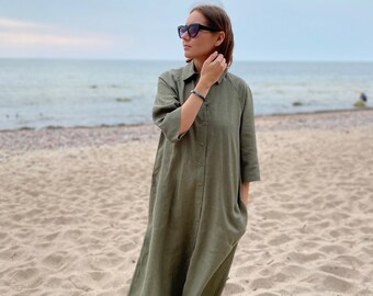 Casual everyday dress, Linen shirt dress with pockets, Maxi summer linen dress