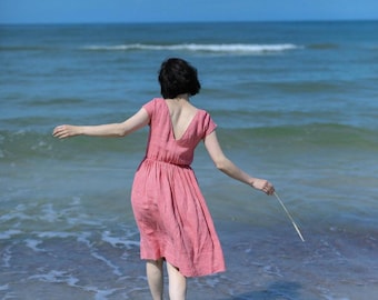 Red linen open back dress with pockets, Linen summer vacation dress, Slow fashion resort wear
