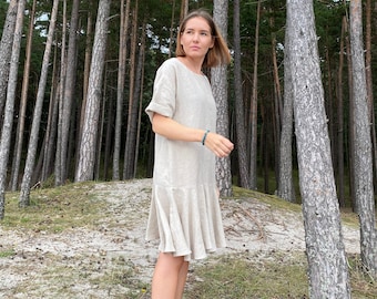 Plus size tunic dress, Loose linen dress with pockets, Oversized linen dress