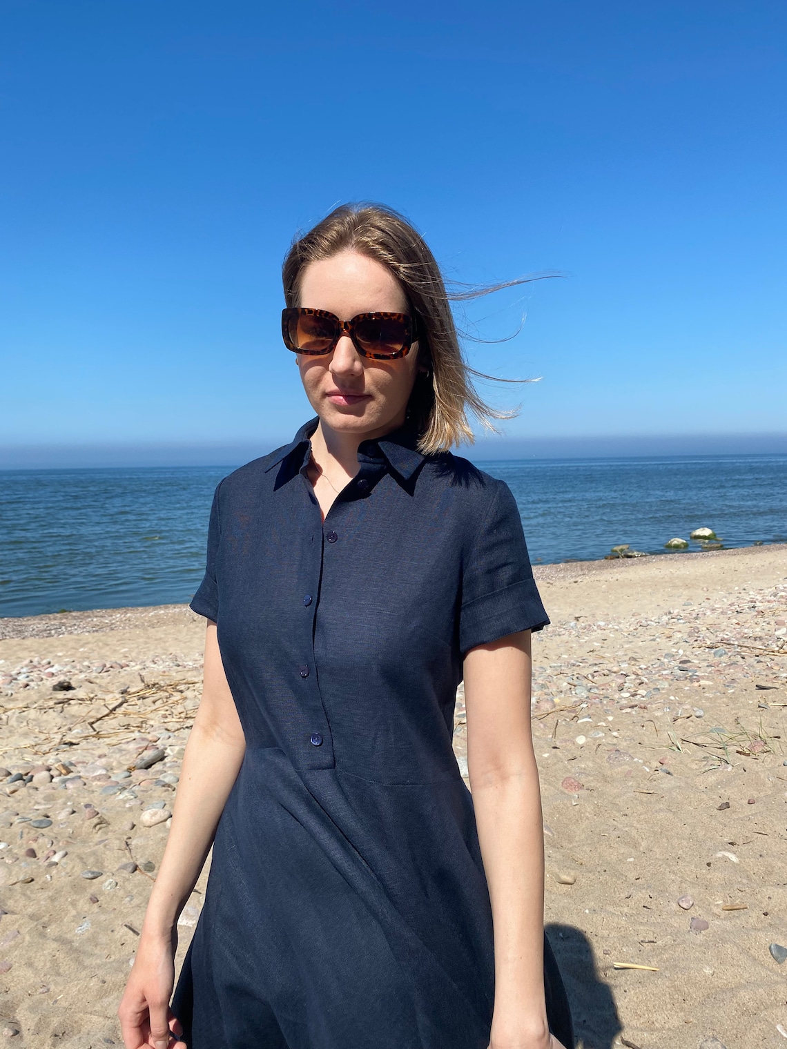 Linen Shirt Dress With Pockets, Loose Fit Shirtdress for Capsule Wardrobe, Versatile Daily Linen