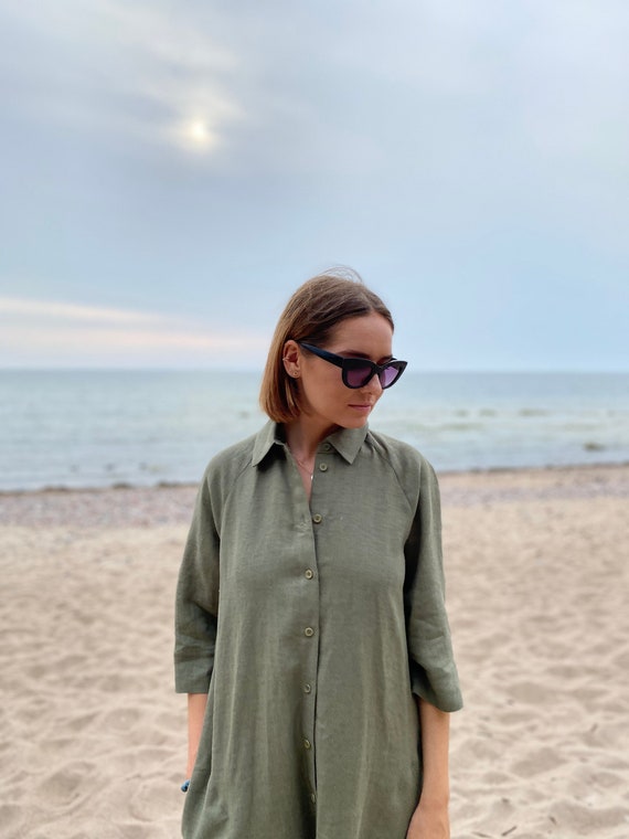 Casual everyday dress, Linen shirt dress with pockets, Maxi summer linen dress