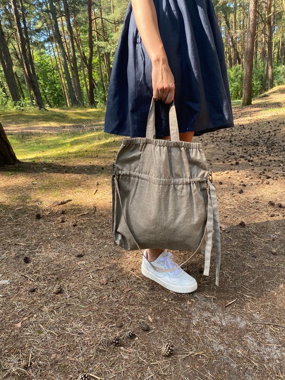 Linen everyday tote bag, Waxed linen shopping bag, Waterproof linen beach bag
