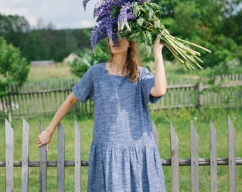 Kimono style linen midi dress, Loose fit linen smock dress women, Linen blue dress with pockets