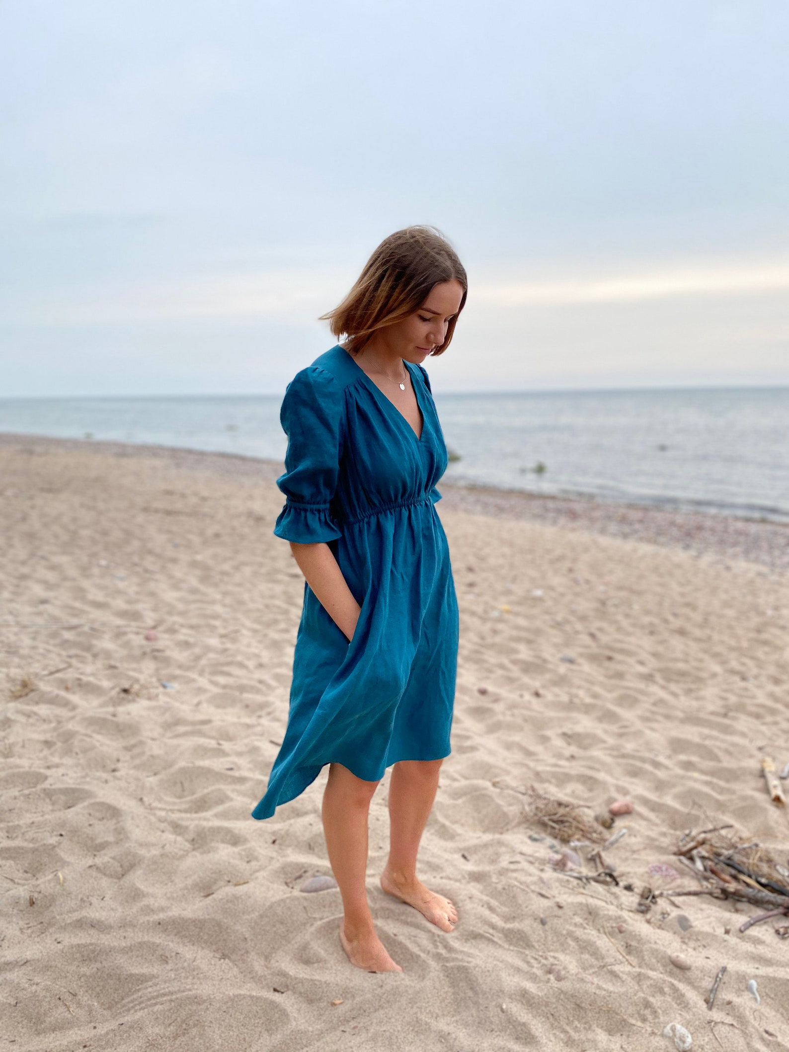 Linen Midi Dress, Puff Sleeve Dress, Empire Waist Dress, High Waist Dress, Beach Party Dress - Etsy