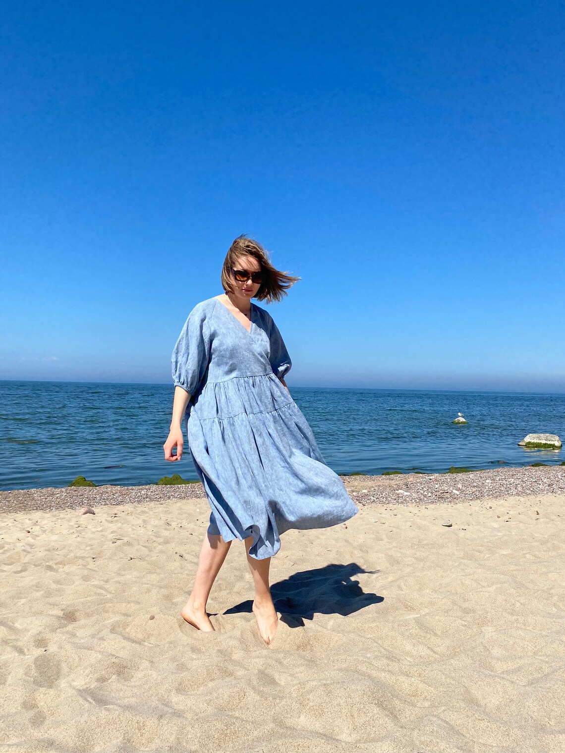 YELLO Loose Puff Sleeve Midi Linen Dress main image 0