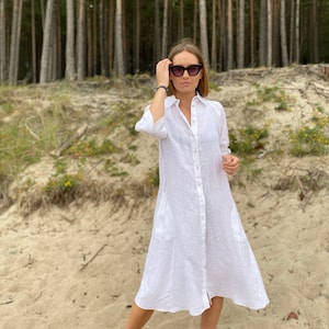 Linen shirt dress, White linen dress, Summer linen dress, Capsule wardrobe