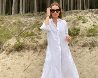 Linen shirt dress, White linen dress, Summer linen dress, Capsule wardrobe