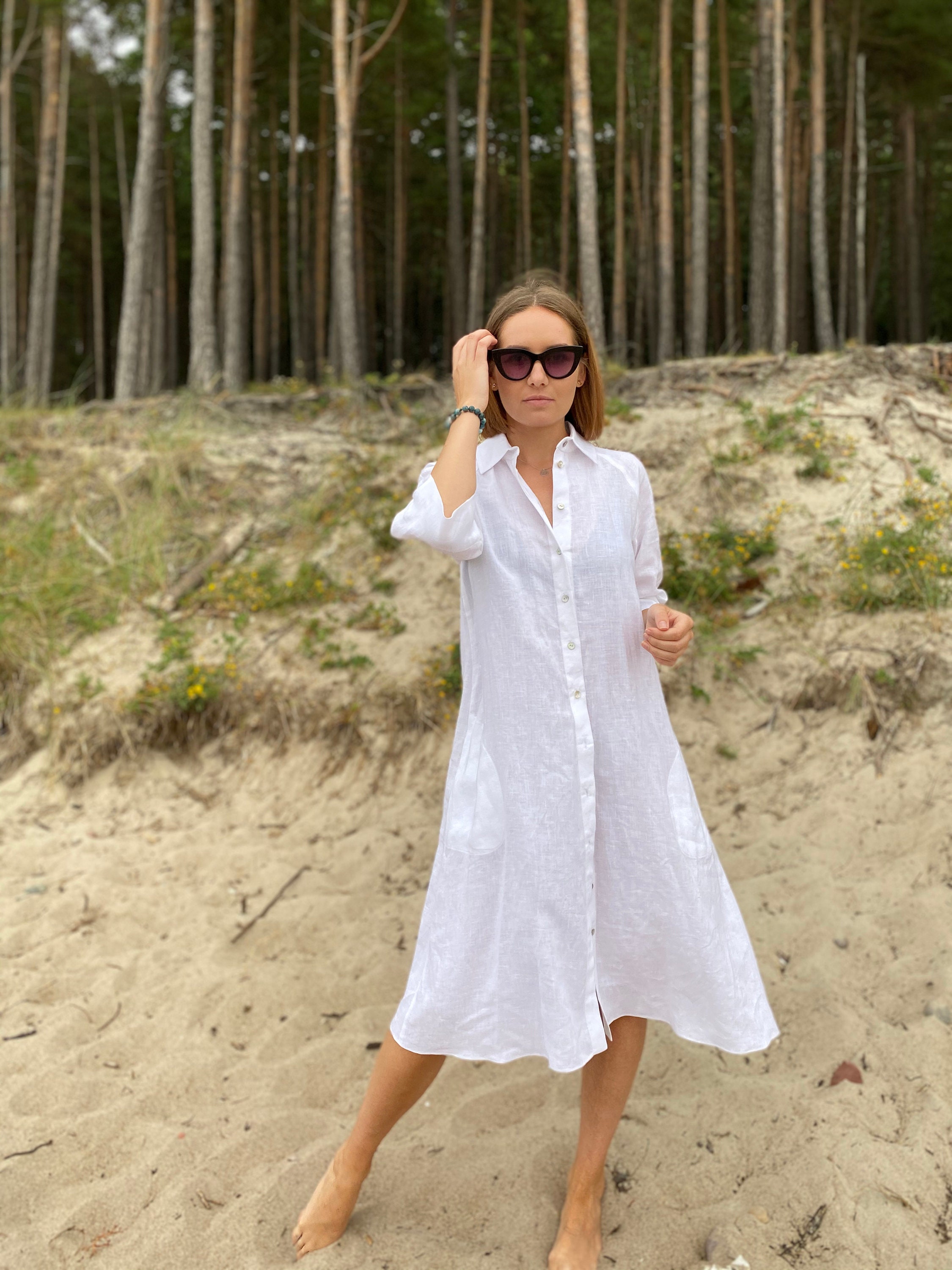 white linen shirt dress