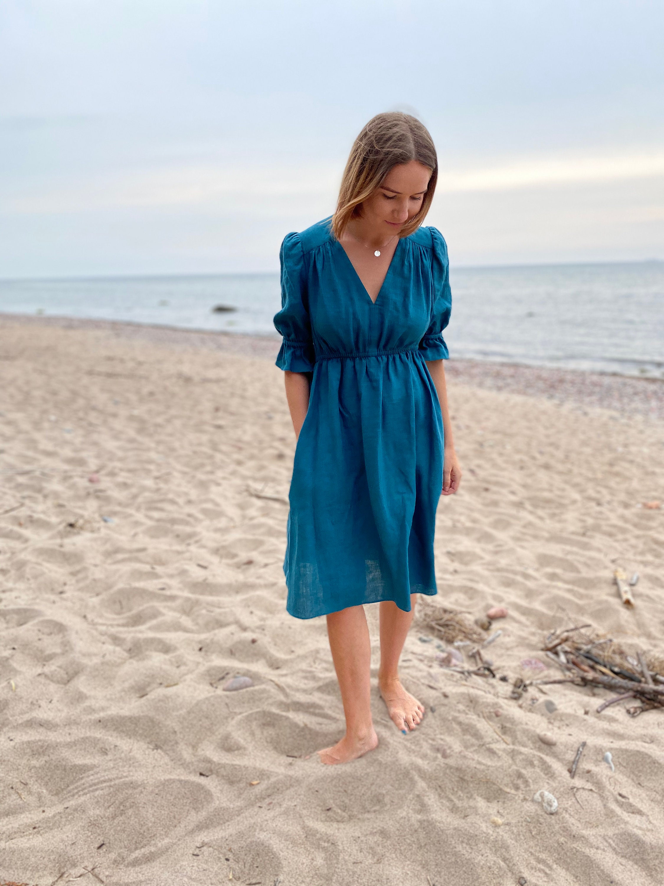 Linen Midi Dress, Puff Sleeve Dress, Empire Waist Dress, High Waist Dress, Beach Party Dress - Etsy
