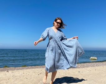 Puff sleeve linen dress, Tiered loose fit midi linen dress, Simple summer linen dress with pockets