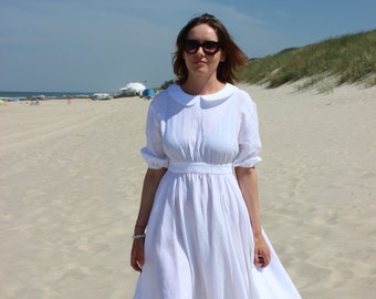 Linen wedding dress with pockets, Linen maxi dress, High waist white linen dress