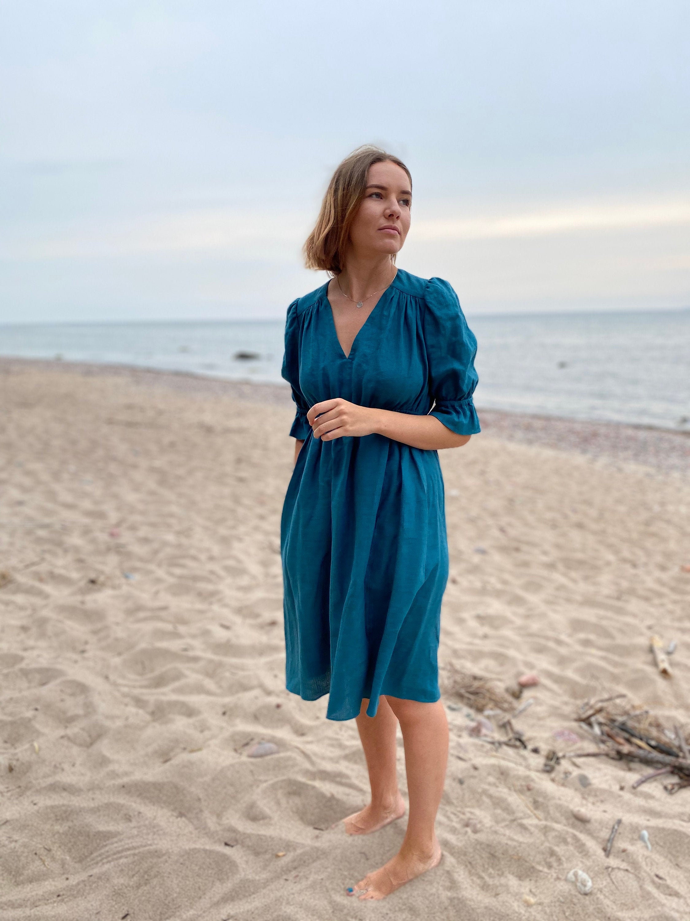 Linen Midi Dress, Puff Sleeve Dress, Empire Waist Dress, High Waist Dress, Beach Party Dress - Etsy