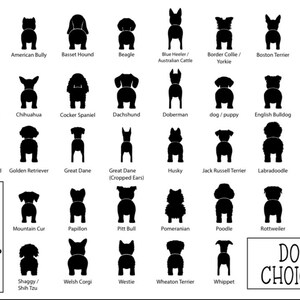 May include: Black and white silhouette illustrations of various dog breeds, including Akita, American Bully, Basset Hound, Beagle, Blue Heeler, Border Collie, Boston Terrier, Boxer, Brittany Spaniel, Chihuahua, Cocker Spaniel, Dachshund, Doberman, English Bulldog, French Bulldog, German Shepherd, Golden Retriever, Great Dane, Husky, Jack Russell Terrier, Labradoodle, Labrador, Mountain Cur, Papillon, Pitt Bull, Pomeranian, Poodle, Rottweiler, Schnauzer, Shaggy/Shih Tzu, Welsh Corgi, Westie, Wheaton Terrier, and Whippet. The text "DOG CHOICES" is at the bottom of the image.
