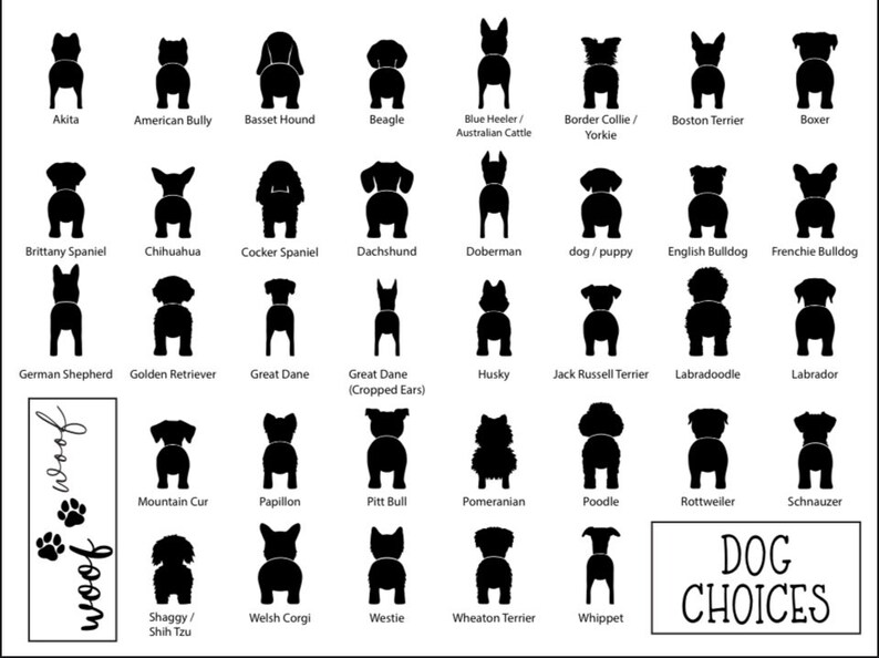 May include: Black and white silhouette illustrations of various dog breeds, including Akita, American Bully, Basset Hound, Beagle, Blue Heeler, Border Collie, Boston Terrier, Boxer, Brittany Spaniel, Chihuahua, Cocker Spaniel, Dachshund, Doberman, English Bulldog, French Bulldog, German Shepherd, Golden Retriever, Great Dane, Husky, Jack Russell Terrier, Labradoodle, Labrador, Mountain Cur, Papillon, Pitt Bull, Pomeranian, Poodle, Rottweiler, Schnauzer, Shaggy/Shih Tzu, Welsh Corgi, Westie, Wheaton Terrier, and Whippet. The text "DOG CHOICES" is at the bottom of the image.