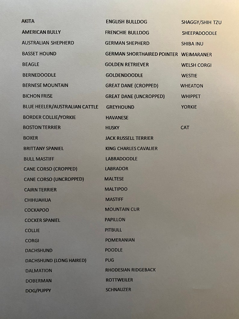 May include: A list of dog breeds, including Akita, American Bully, Australian Shepherd, Basset Hound, Beagle, Bernedoodle, and more.