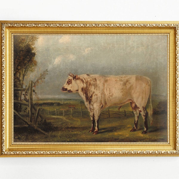 Antique Cow Painting, Vintage Cow Print, Farmhouse Wall Decor, Kitchen Vintage Art, Landscape Cow Oil Painting