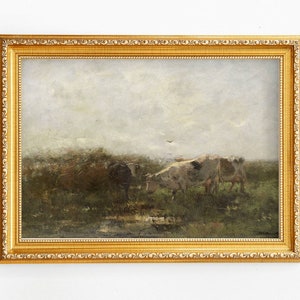 Vintage cow landscape oil painting, farmhouse art print, printable cow digital download