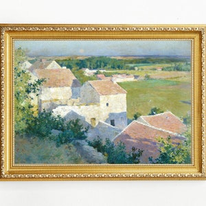 Village landscape painting, Downloadable antique landscape oil painting, Digital vintage muted landscape print