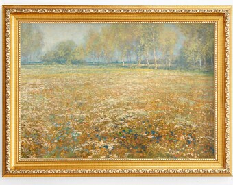 colorful meadow print wall art, digital wall art vintage flowers, spring landscape vintage oil painting