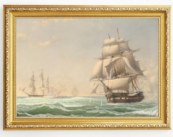 Vintage sailboat Digital download, Ocean antique oil painting, Vintage seascape print