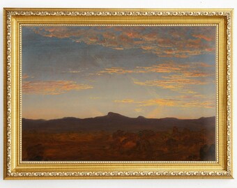 Vintage landschapsschilderij zonsondergang: humeurige antieke kunst (digitale download)